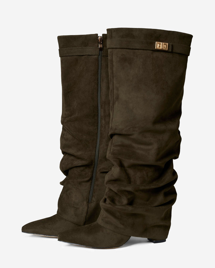 Lavista | Slouchy Suede Knee High Boots - Olive green